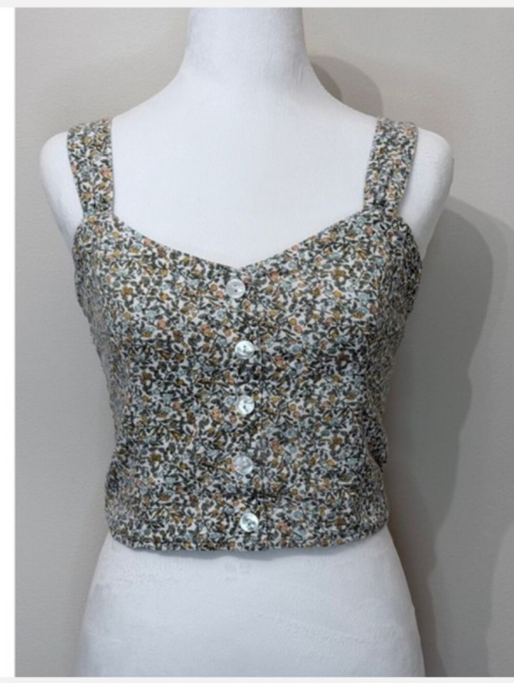 Abercrombie & Fitch Floral Button Crop Top in Cream, Green & Orange